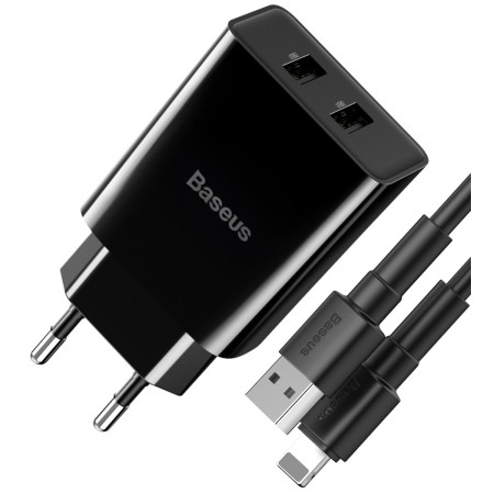 Мережевий зарядний пристрій Baseus Speed Mini Dual U Charger 2USB 2.1A 10.5W + Кабель 2.4A USB to Lightning 1м Чорний