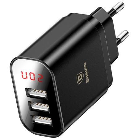 Мережевий зарядний пристрій Baseus Mirror Travel Digital Display 3USB 3.4A Чорний