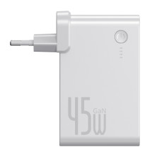 Сетевое зарядное устройство Baseus GaN 2in1 QC3.0+PD3.0 45W USB+Type-C 5A с функцией Павербанка 10000mAh + кабель Type-C 60W 20V/3A 1м Белый