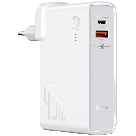 Сетевое зарядное устройство Baseus GaN 2in1 QC3.0+PD3.0 45W USB+Type-C 5A с функцией Павербанка 10000mAh + кабель Type-C 60W 20V/3A 1м Белый