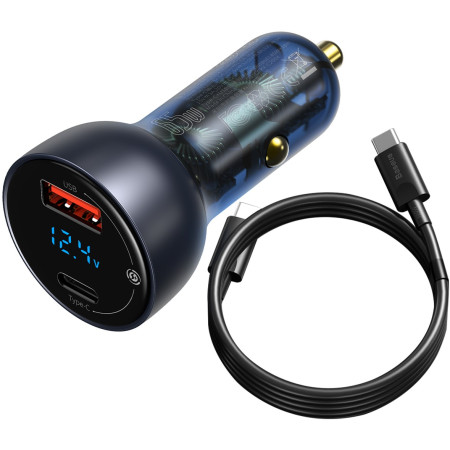 Автомобильное зарядное устройство Baseus Particular Digital QC 4.0+PD3.0 PPS 65W USB + Type-C 5A + Кабель Type-C to Type-C 100W 20V/5A 1м Черный