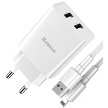 Сетевое зарядное устройство Baseus Speed Mini Dual U Charger 2USB 2.1A 10.5W + Кабель 2.4A USB to Lightning 1м Белый