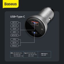 Автомобільний зарядний пристрій Baseus Digital Display QC 4.0 + PD3.0 PPS 45W USB + Type-C 5A Сріблястий