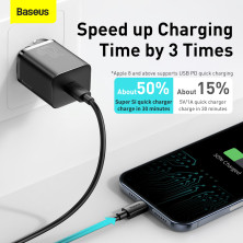 Мережевий зарядний пристрій Baseus Super Si QC PD3.0 20W Type-C 3A + Кабель 2.3A Type-C to Lightning 1м Чорний