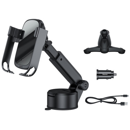 Автотримач з Бездротовою зарядкою Baseus Rock-Solid з технологією Qi 10W і зарядкою в прикурювач QC 3.0 30W 2USB 5A Чорний