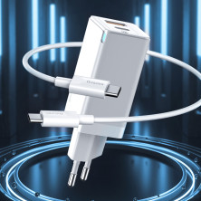 Сетевое зарядное устройство Baseus GaN Mini QC3.0+PD3.0 45W USB+Type-C 5A + кабель Baseus Type-C to Type-C 60W 20V/3A 1м Белый