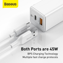 Сетевое зарядное устройство Baseus GaN Mini QC3.0+PD3.0 45W USB+Type-C 5A + кабель Baseus Type-C to Type-C 60W 20V/3A 1м Белый