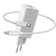 Мережевий зарядний пристрій Baseus GaN Mini QC3.0+PD3.0 45W USB+Type-C 5A + кабель Baseus Type-C to Type-C 60W 20V/3A 1м Білий