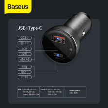 Автомобільний зарядний пристрій Baseus Digital Display QC 4.0 + PD3.0 PPS 45W USB + Type-C 5A Чорний