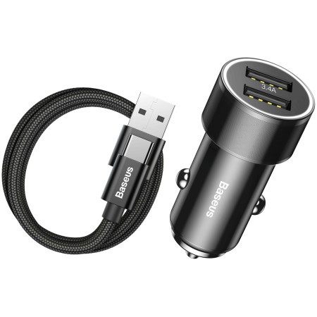 Автомобільний зарядний пристрій Baseus Small Screw 2USB 3.4A + Кабель USB to Type-C 1м 2A Чорний