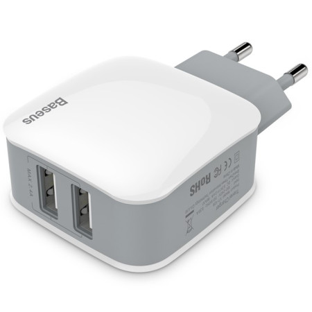 Сетевое зарядное устройство Baseus Letour Dual U Charger 2USB 2.4A Бело-Серый