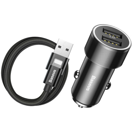 Автомобильное зарядное устройство Baseus Small Screw 2USB 3.4A + Кабель USB to Lightning 1м 2A Черный