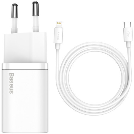 Мережевий зарядний пристрій Baseus Super Si QC PD3.0 20W Type-C 3A + Кабель 2.3A Type-C to Lightning 1м Білий