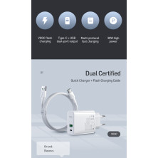 Сетевое зарядное устройство Baseus Speed PPS QC3.0+PD3.0 30W VOOC USB+Type-C 5A + Кабель VOOC Type-C to Type-C 5A 1м Белый