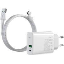 Сетевое зарядное устройство Baseus Speed PPS QC3.0+PD3.0 30W VOOC USB+Type-C 5A + Кабель VOOC Type-C to Type-C 5A 1м Белый