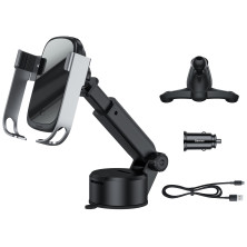 Автотримач з Бездротовою зарядкою Baseus Rock-Solid з технологією Qi 10W і зарядкою в прикурювач QC 3.0 30W 2USB 5A Сріблястий