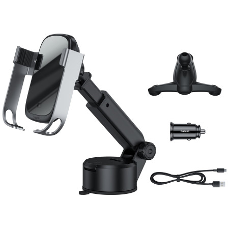 Автотримач з Бездротовою зарядкою Baseus Rock-Solid з технологією Qi 10W і зарядкою в прикурювач QC 3.0 30W 2USB 5A Сріблястий
