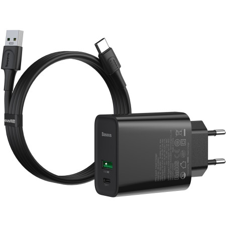 Мережевий зарядний пристрій Baseus Speed PPS QC3.0 + PD3.0 30W VOOC USB + Type-C 5A + Кабель VOOC Type-C to Type-C 5A 1м Чорний