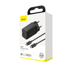 Сетевое зарядное устройство Baseus GaN Mini QC3.0+PD3.0 45W USB+Type-C 5A + кабель Baseus Type-C to Type-C 60W 20V/3A 1м Черный