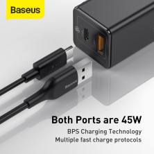 Сетевое зарядное устройство Baseus GaN Mini QC3.0+PD3.0 45W USB+Type-C 5A + кабель Baseus Type-C to Type-C 60W 20V/3A 1м Черный