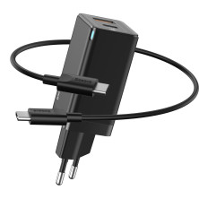 Мережевий зарядний пристрій Baseus GaN Mini QC3.0+PD3.0 45W USB+Type-C 5A + кабель Baseus Type-C to Type-C 60W 20V/3A 1м Чорний