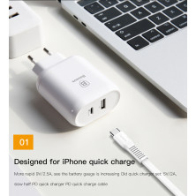 Сетевое зарядное устройство Baseus Bojure Series PD3.0 32W Type-C PD 3A + USB 1A + Кабель 18W Type-C to Lightning 1м Белый