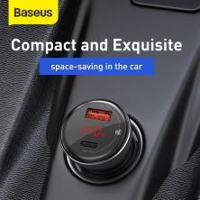 Автомобильное зарядное устройство Baseus Digital Display QC 4.0+PD3.0 PPS 45W USB + Type-C 5A + Кабель Type-C to Type-C 60W 20V/3A 1м Черный