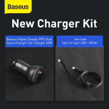 Автомобильное зарядное устройство Baseus Digital Display QC 4.0+PD3.0 PPS 45W USB + Type-C 5A + Кабель Type-C to Type-C 60W 20V/3A 1м Черный