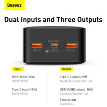 УМБ Baseus Bipow Digital Display 30000mAh 20W 3A з технологією QC3.0 + PD3.0 2USB + Type-C + Кабель USB to Micro USB Чорний