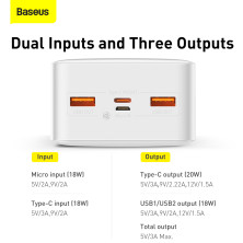 УМБ Baseus Bipow Digital Display 30000mAh 20W 3A с технологией QC3.0+PD3.0 2USB+Type-C + Кабель USB to Micro USB Белый