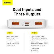 УМБ Baseus Bipow Digital Display 10000mAh 20W 3A с технологией QC3.0+PD3.0 2USB+Type-C + Кабель USB to Micro USB Белый
