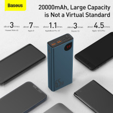 УМБ Baseus Adaman Metal Digital Display 20000mAh 65W 6A з технологією QC3.0 + PD3.0 2USB + Type-C + Кабель USB to Type-C Синій