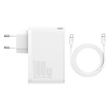 Сетевое зарядное устройство Baseus Quick GaN2 Pro QC4.0+PD3.0 100W 2USB+2Type-C 5A + кабель Baseus Type-C to Type-C 100W 20V/5A 1м Белый