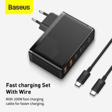 Мережевий зарядний пристрій Baseus Quick GaN2 Pro QC4.0+PD3.0 100W 2USB+2Type-C 5A + кабель Baseus Type-C to Type-C 100W 20V/5A 1м Чорний