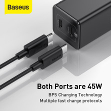 Сетевое зарядное устройство Baseus GaN Mini PD3.0 45W 2Type-C 3A + кабель Baseus Type-C to Type-C 60W 20V/3A 1м Черный