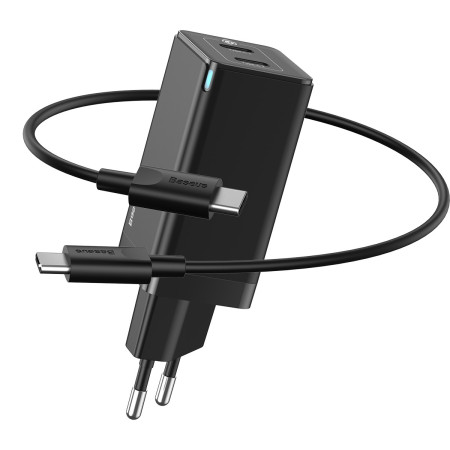 Сетевое зарядное устройство Baseus GaN Mini PD3.0 45W 2Type-C 3A + кабель Baseus Type-C to Type-C 60W 20V/3A 1м Черный