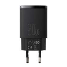Сетевое зарядное устройство Baseus Compact Quick Charger QC3.0+PD3.0 20W USB+Type-C 3A Черный