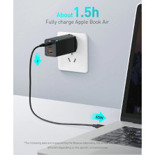 Сетевое зарядное устройство Baseus GaN3 Pro Fast Charger QC4.0+PD3.0 65W USB+2Type-C 3A + кабель Baseus Type-C to Type-C 100W 20V/5A 1м Черный