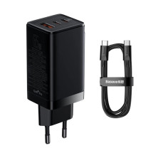 Сетевое зарядное устройство Baseus GaN3 Pro Fast Charger QC4.0+PD3.0 65W USB+2Type-C 3A + кабель Baseus Type-C to Type-C 100W 20V/5A 1м Черный