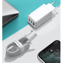 Сетевое зарядное устройство Baseus GaN3 Pro Fast Charger QC4.0+PD3.0 65W USB+2Type-C 3A + кабель Baseus Type-C to Type-C 100W 20V/5A 1м Белый