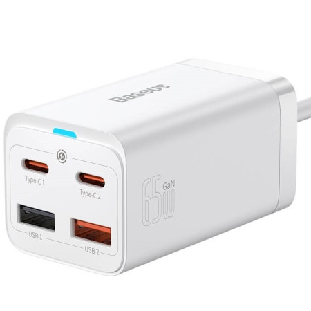 Мережевий зарядний пристрій Baseus GaN3 Pro Desktop Fast Charger QC4.0+PD3.0 65W 2USB+2Type-C 3A + кабель Baseus Type-C to Type-C 100W 20V/5A 1м Білий