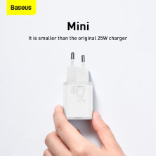 Сетевое зарядное устройство Baseus Super Si Quick Charger 1C QC3.0+PD3.0 25W Type-C 3A + кабель Baseus Type-C to Type-C 3A 1м Белый