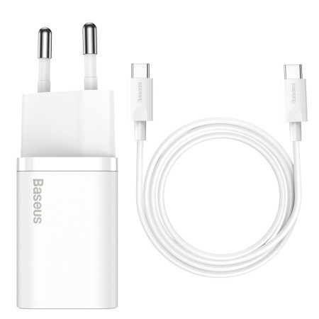 Сетевое зарядное устройство Baseus Super Si Quick Charger 1C QC3.0+PD3.0 25W Type-C 3A + кабель Baseus Type-C to Type-C 3A 1м Белый