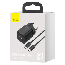 Мережевий зарядний пристрій Baseus Super Si Quick Charger 1C QC3.0+PD3.0 25W Type-C 3A + кабель Baseus Type-C to Type-C 3A 1м Чорний