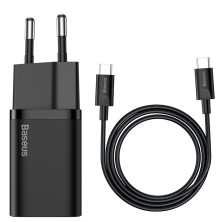 Мережевий зарядний пристрій Baseus Super Si Quick Charger 1C QC3.0+PD3.0 25W Type-C 3A + кабель Baseus Type-C to Type-C 3A 1м Чорний