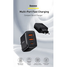 Сетевое зарядное устройство Baseus Compact Quick Charger QC3.0+PD3.0 30W 2USB+Type-C 3A Черный