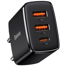 Мережевий зарядний пристрій Baseus Compact Quick Charger QC3.0+PD3.0 30W 2USB+Type-C 3A Чорний