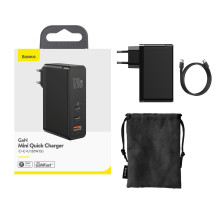 Мережевий зарядний пристрій Baseus GaN Mini Quick Charger QC4.0+PD3.0 120W USB+2Type-C 5A + кабель Baseus Type-C to Type-C 100W 20V/5A 1м Чорний