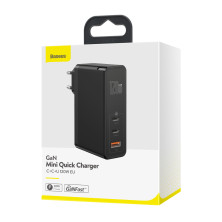 Мережевий зарядний пристрій Baseus GaN Mini Quick Charger QC4.0+PD3.0 120W USB+2Type-C 5A + кабель Baseus Type-C to Type-C 100W 20V/5A 1м Чорний