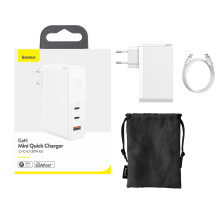Сетевое зарядное устройство Baseus GaN Mini Quick Charger QC4.0+PD3.0 120W USB+2Type-C 5A + кабель Baseus Type-C to Type-C 100W 20V/5A 1м Белый